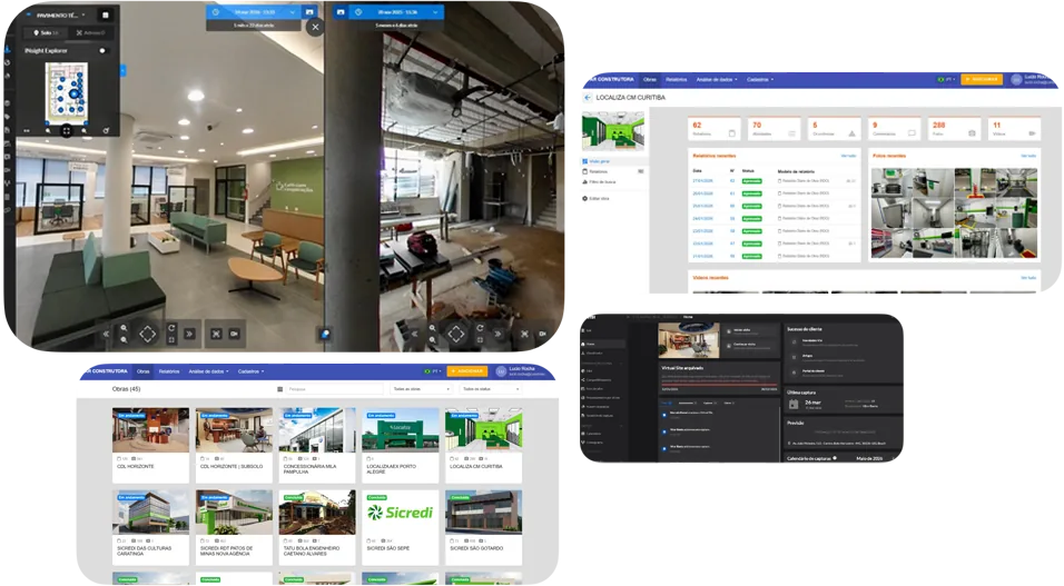 Interface do sistema de gestão Ímpar — visão 360°, dashboards e portfólio de obras