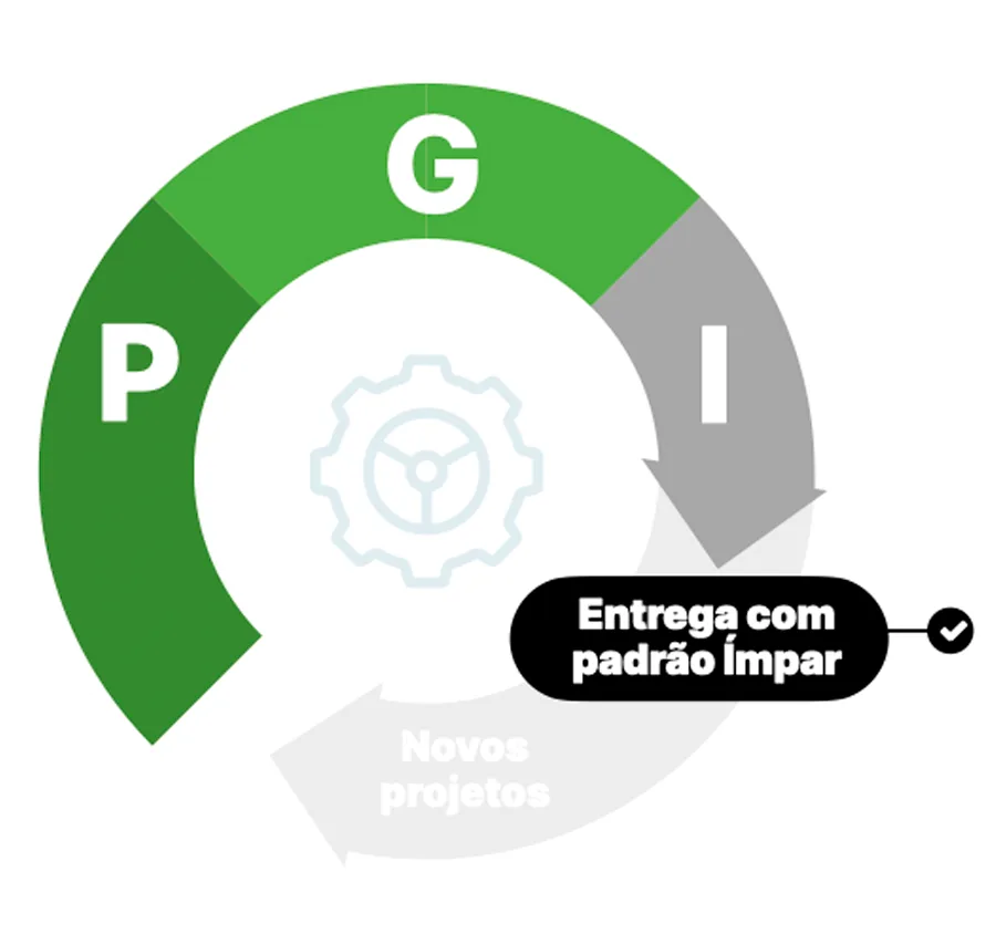 Diagrama circular PGI: Planejamento, Gestão e Inspeção — Entrega com padrão Ímpar